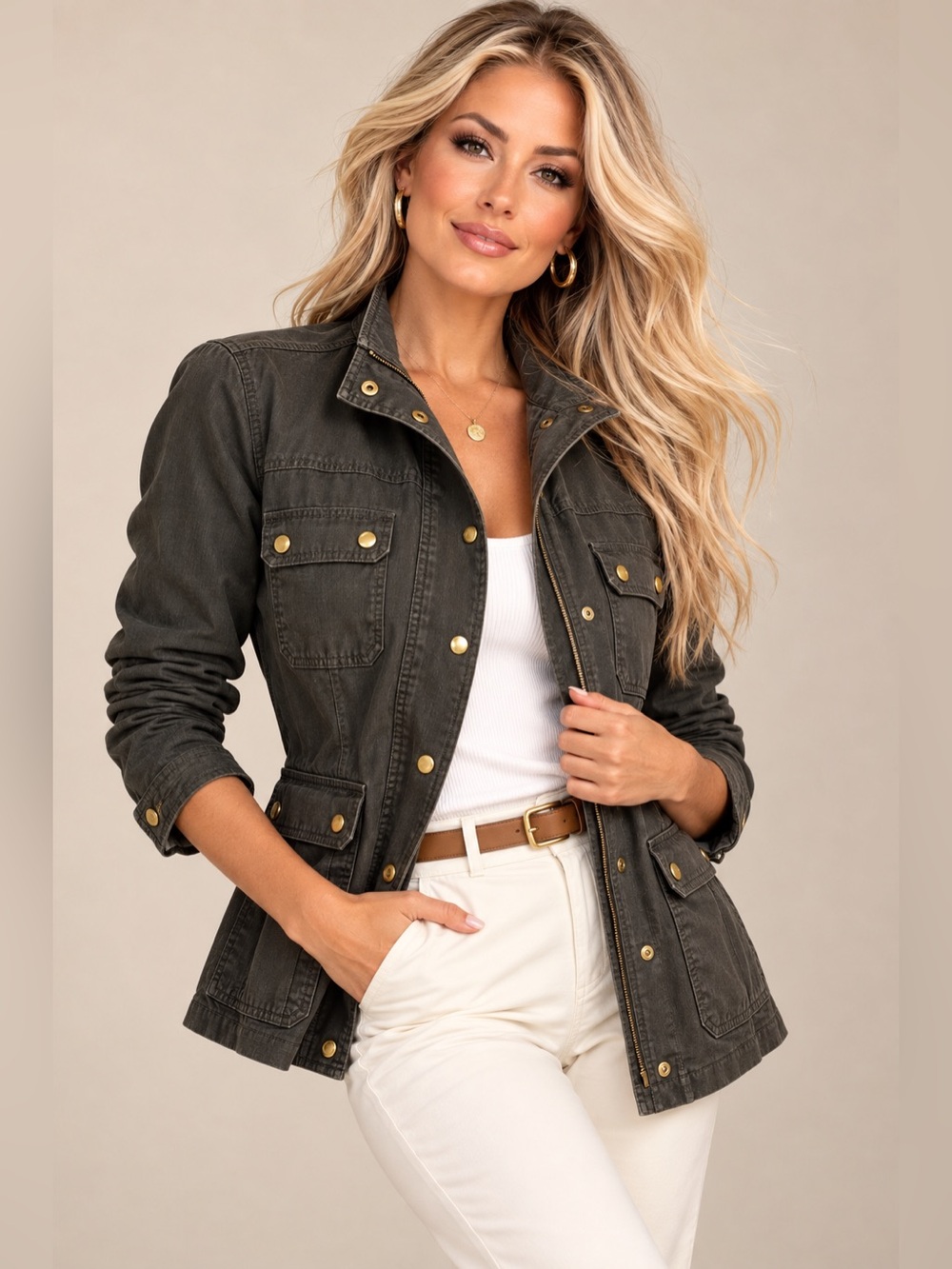 J.Crew Women’s Field Jacket Size S Charcoal Gray Utility Military Gold Snap Coat